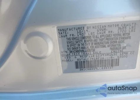 2020 Nissan Versa S Xtronic Cvt из США, поврежденный, VIN 3N1CN8DV1LL8R5737